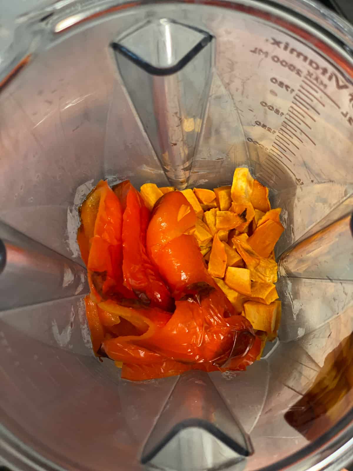 red pepper and sweet potato added to blender