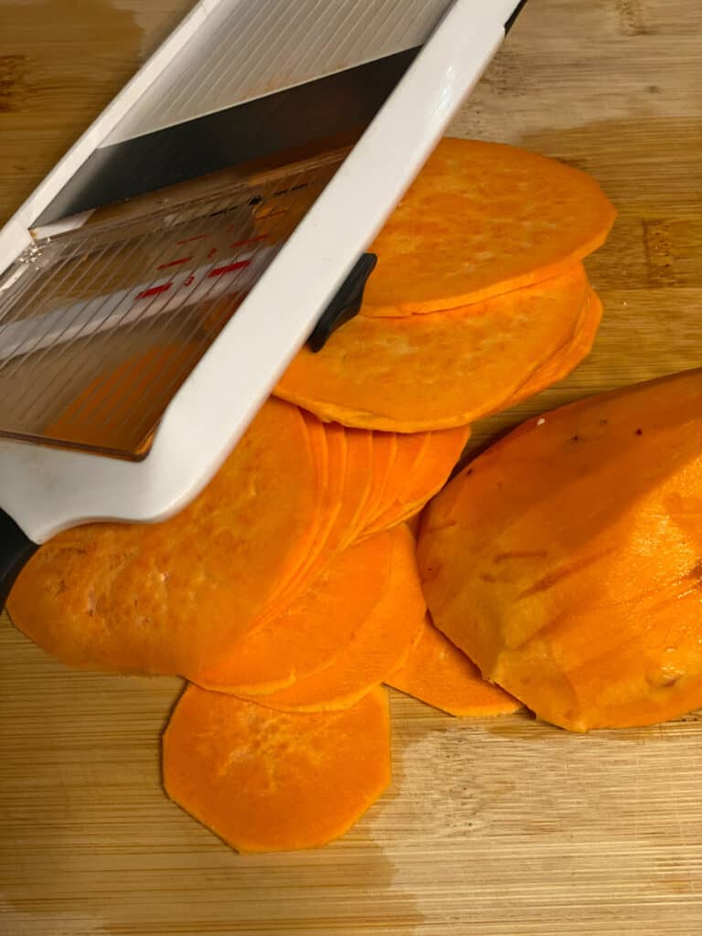 process shot of slicing sweet potatoes