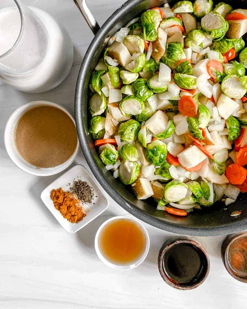process of brussels sprouts curry being made with ingredients against a white background