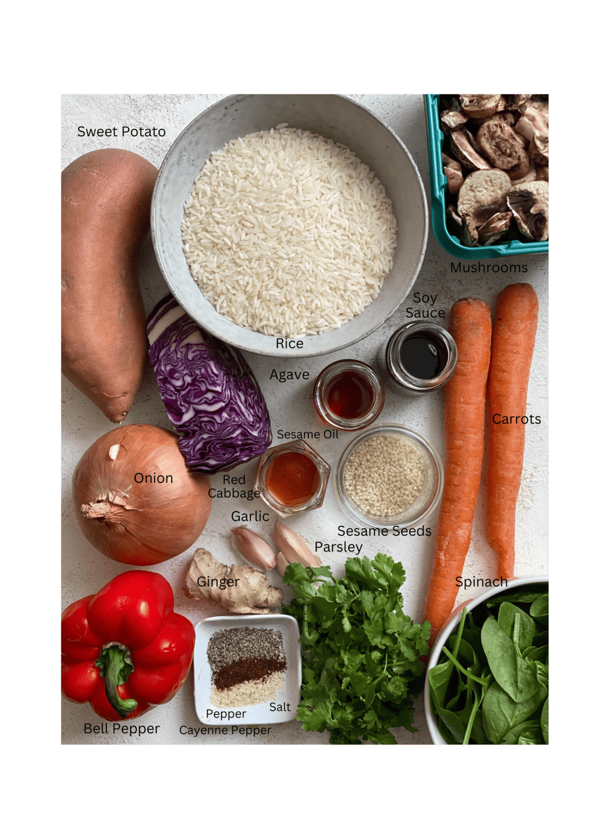 ingredients for Rainbow Veggie Lentil Fried Rice measured out against a white surface