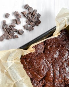 process of Super Fudgy Vegan Brownies being prepared to put chocolate chips on the batter