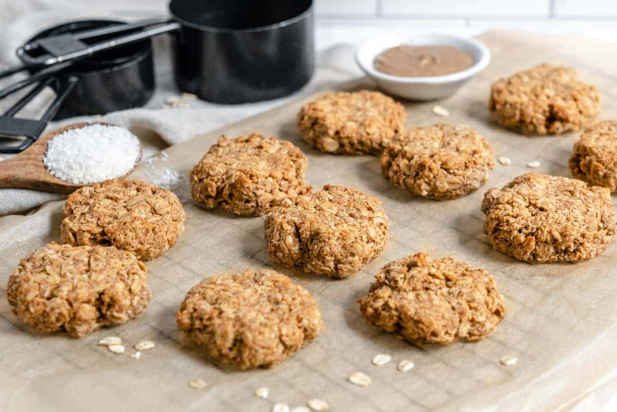 Coconut Oatmeal Cookies on a gray baking tray 