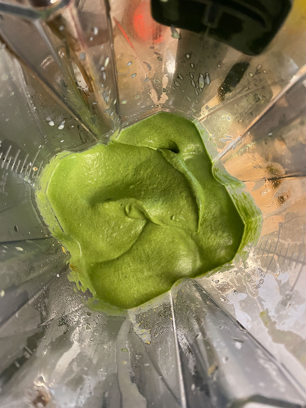 post shot showing blended spinach dip in blender