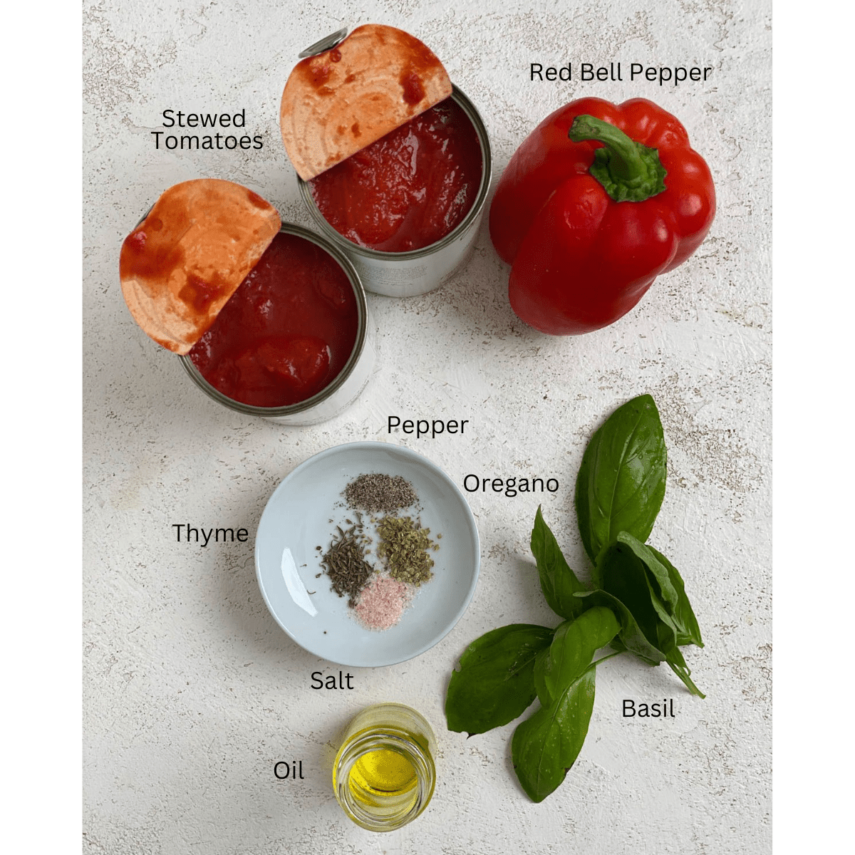 ingredients for Tasty Tomato Soup measured out against a white surface