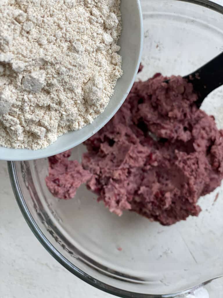 process shot of adding oat. flour to food processor