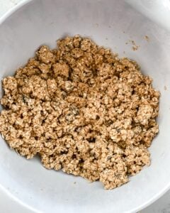 process of mixing ingredients of Oatmeal Raisin Protein Balls in a white bowl