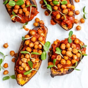 completed Chickpea Sweet Potato Boats against a white surface