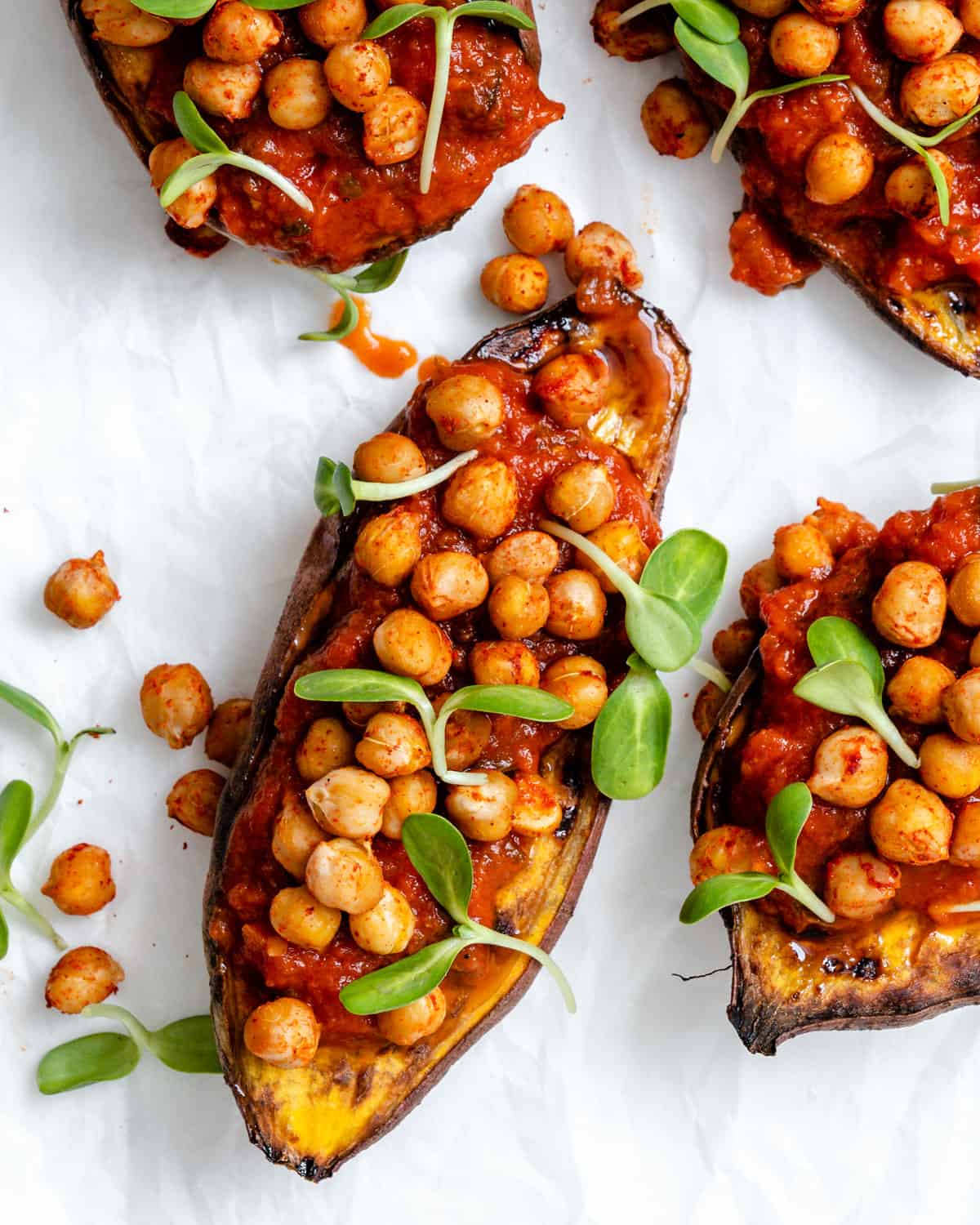 completed Chickpea Sweet Potato Boats against a white surface