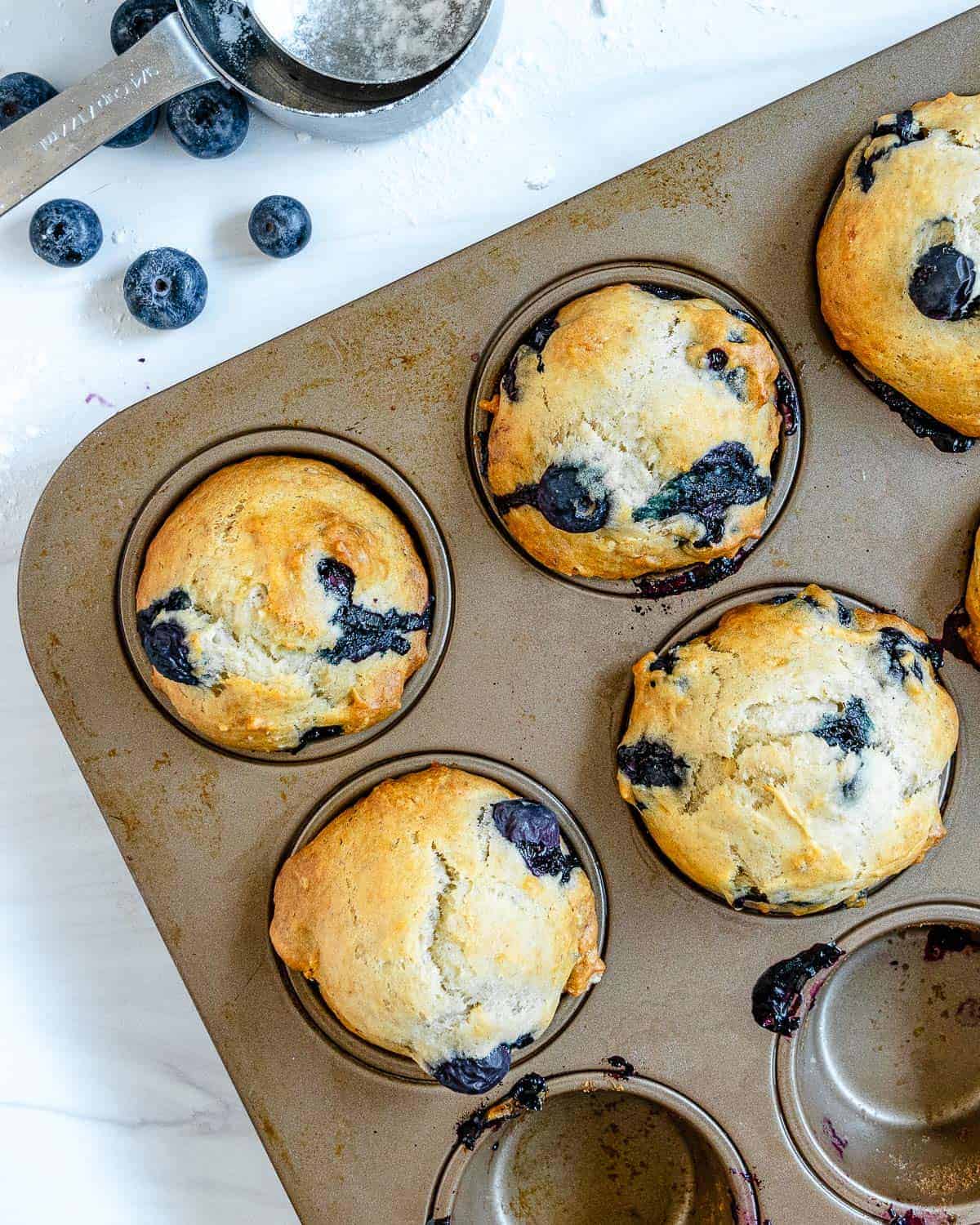 completed blueberry muffins in muffin tin against white background