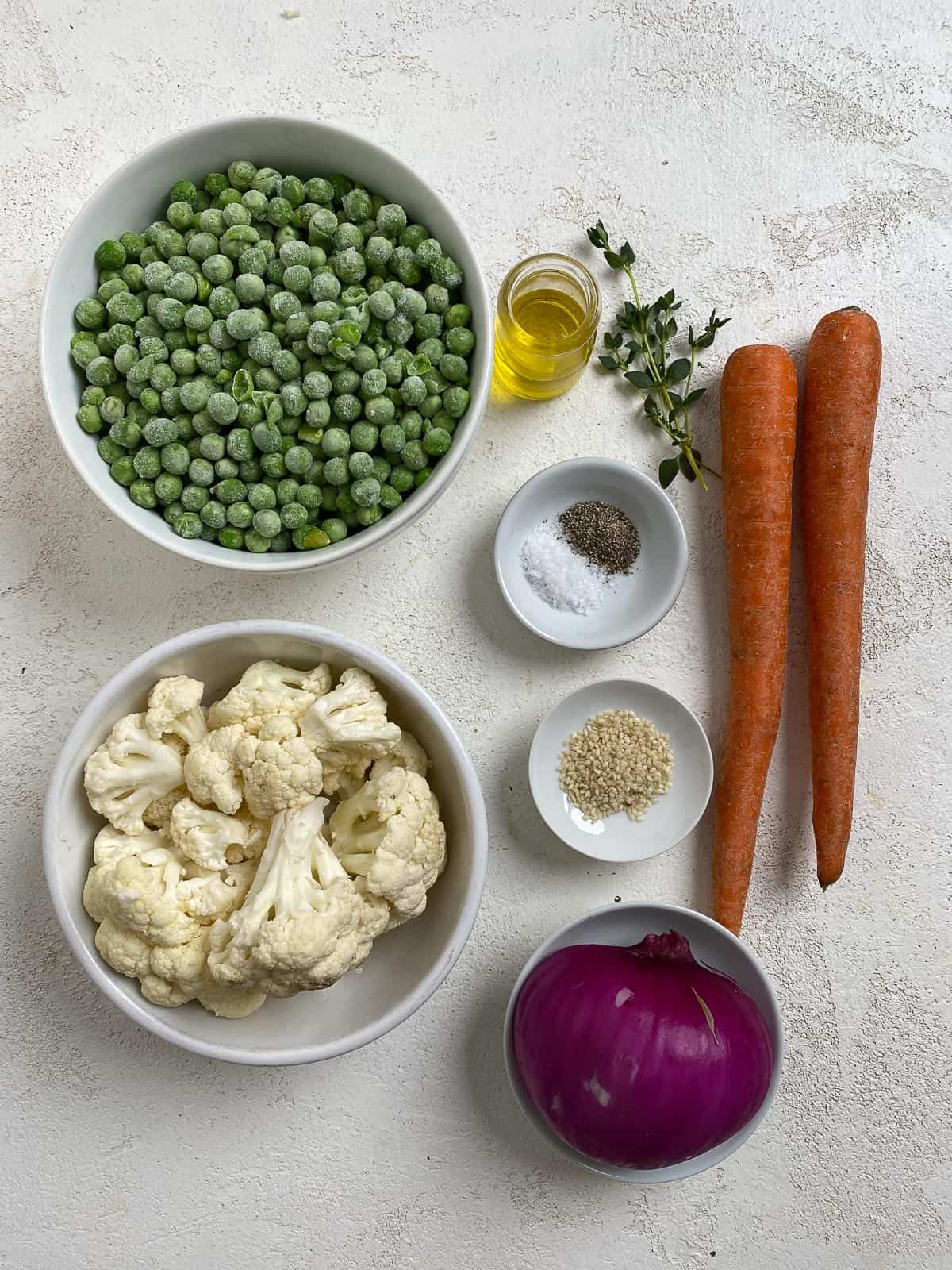 ingredients for Easy Mushy Peas with Roasted Veggies against a light background