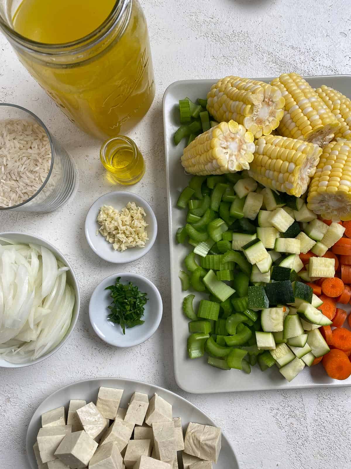 ingredients for Caldo de Tofu against a white surface