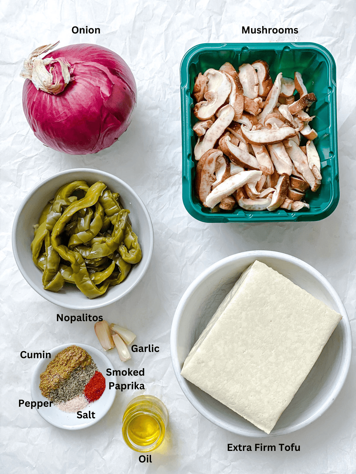 ingredients for Nopalitos Tofu Scramble measured out on a white surface