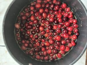 process of Homemade Cranberry Sauce being made in pot
