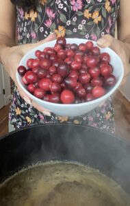 process of pouring whole cranberries into pan 