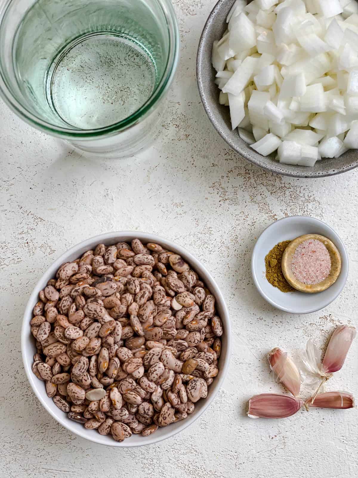 Ingredients for Instant Pot Pinto Beans measured on a white surface