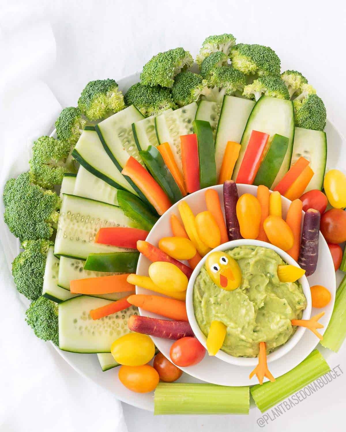 Veggies arranged in the shape of a turkey tail.