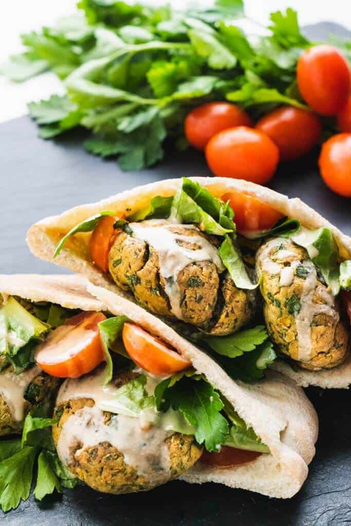 finished baked falafel in a pita pocket with salad vegetables