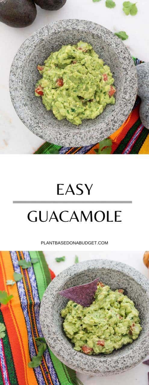 Easy guacamole in a stoneware bowl for Pinterest.