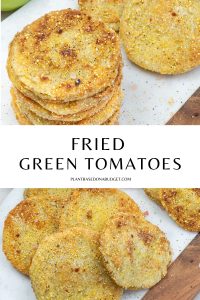 stack of fried green tomatoes on a white background with green whole tomatoes in the background