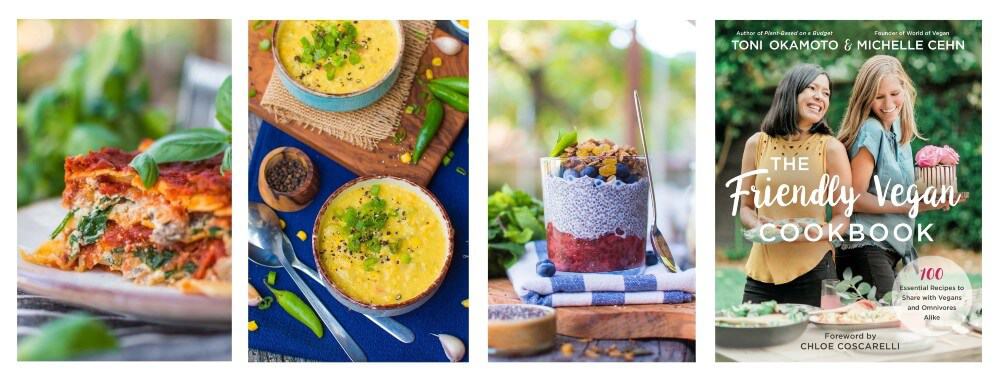 The Friendly Vegan Cookbook recipe and cover pictures in a collage by Toni Okamoto & Michelle Cehn