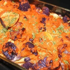 Sweet potato cauliflower casserole in a baking dish.
