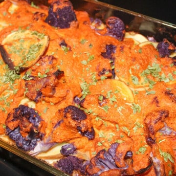 Sweet potato cauliflower casserole in a baking dish.