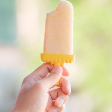 one completed lemon ice pop held in a hand with a bite missing from it