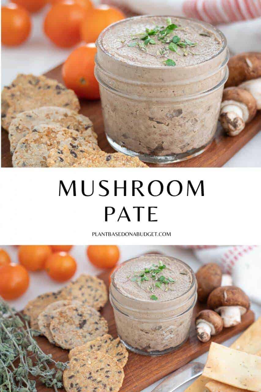 mushroom pâté in a glass container on a brown board with various ingredients in the background
