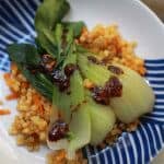 Bok choy coated with miso dressing.