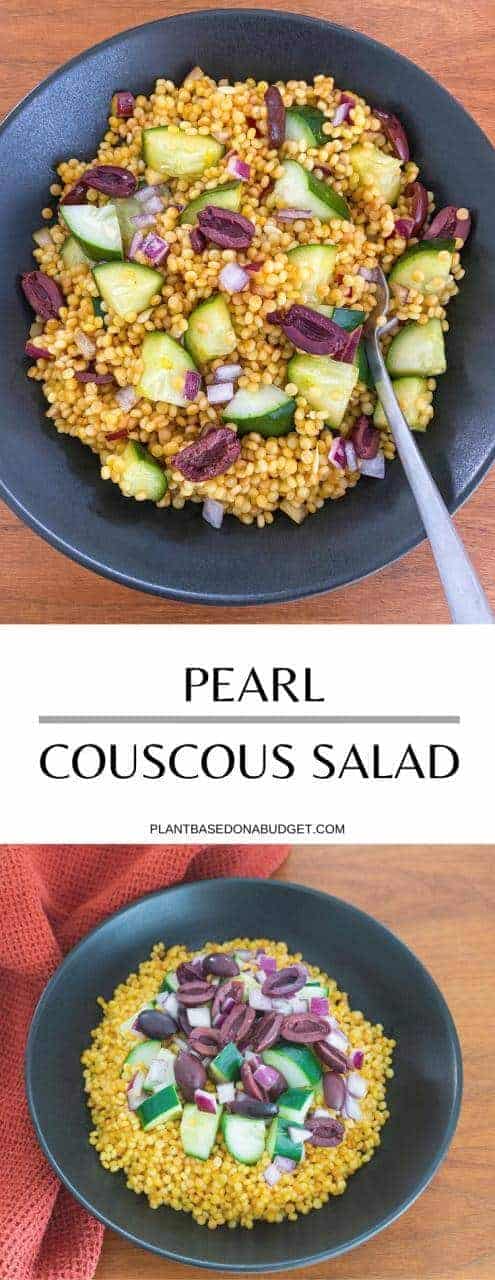 Pearl Couscous Salad | Plant Based on a Budget | #couscous #salad #olives #vegan #easy #lunch #plantbasedonabudget