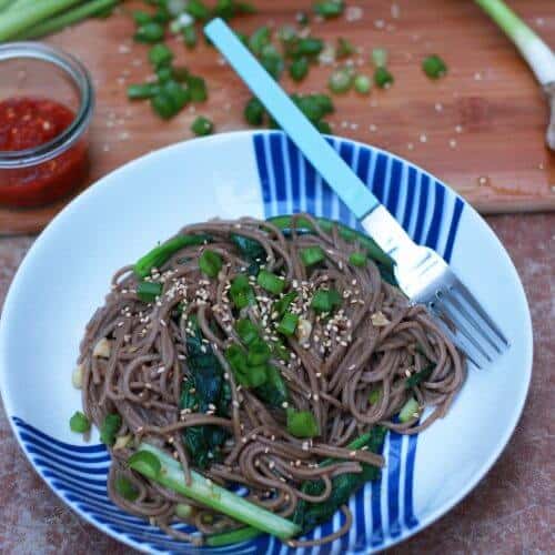 Sesame soba noodles and a fork in a bowl.