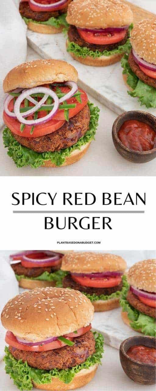 Four red beans spicy vegan burgers with a bun and veggies