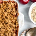 Completed Vegan Plum Crisp in baking dish.