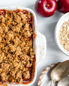 Completed Vegan Plum Crisp in baking dish.