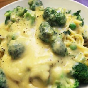 Vegan alfredo sauce over broccoli and pasta.