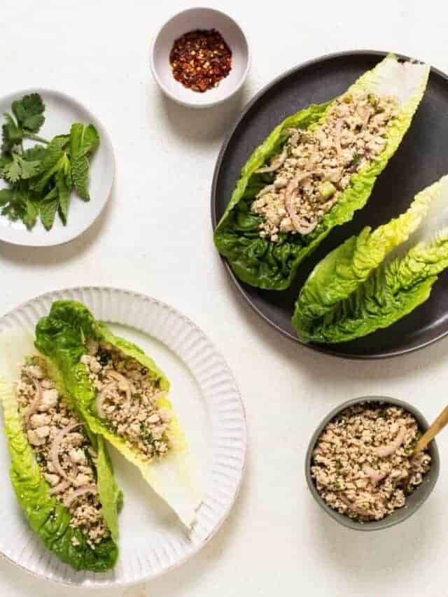 Top view of two plates of larb salad in romaine leaves.