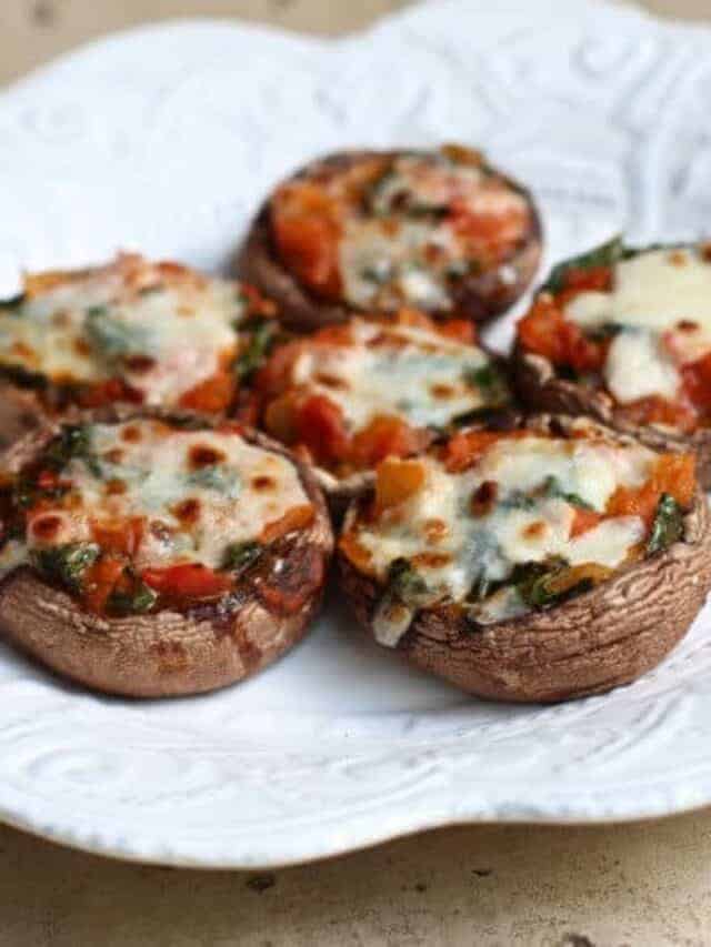 completed Mushroom Pizza bites on a white plate