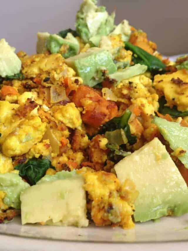 completed tofu scramble with vegetables on plate