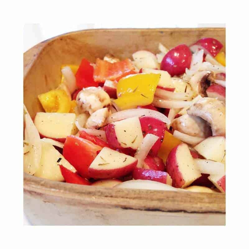 Baking dish filled with roasted veggies.