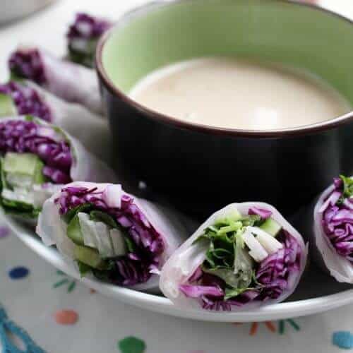 Red Cabbage & Jicama Spring Rolls with Peanut Sauce PlantBased on a