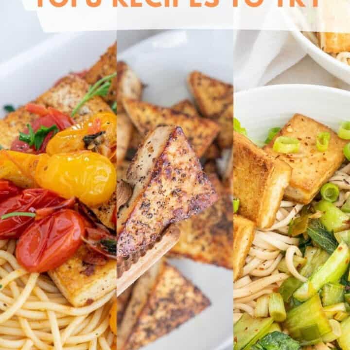 graphic for 16 Savory Tofu Recipes You Need To Try! with several tofu dishes combined into one image
