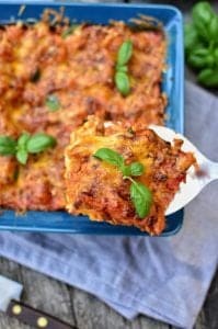 A baking dish of vegan sweet potato lasagna.