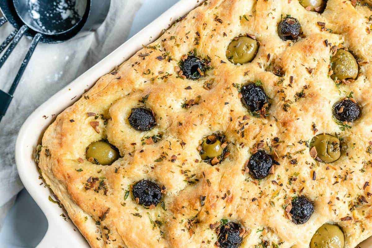 cooked Focaccia bread in white pan