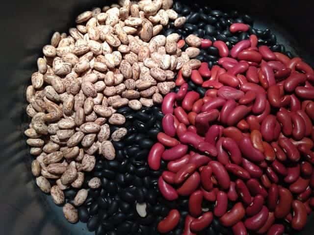 Dried pinto beans, black beans, and kidney beans in a crockpot insert.