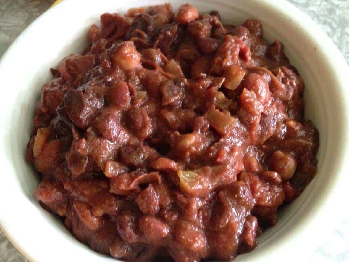 Closeup of a bowl of four-bean chili.