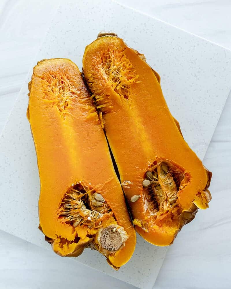 roasted butternut squash against white surface
