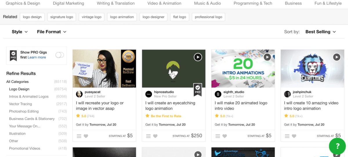 Example of graphic design listings at Fiverr.