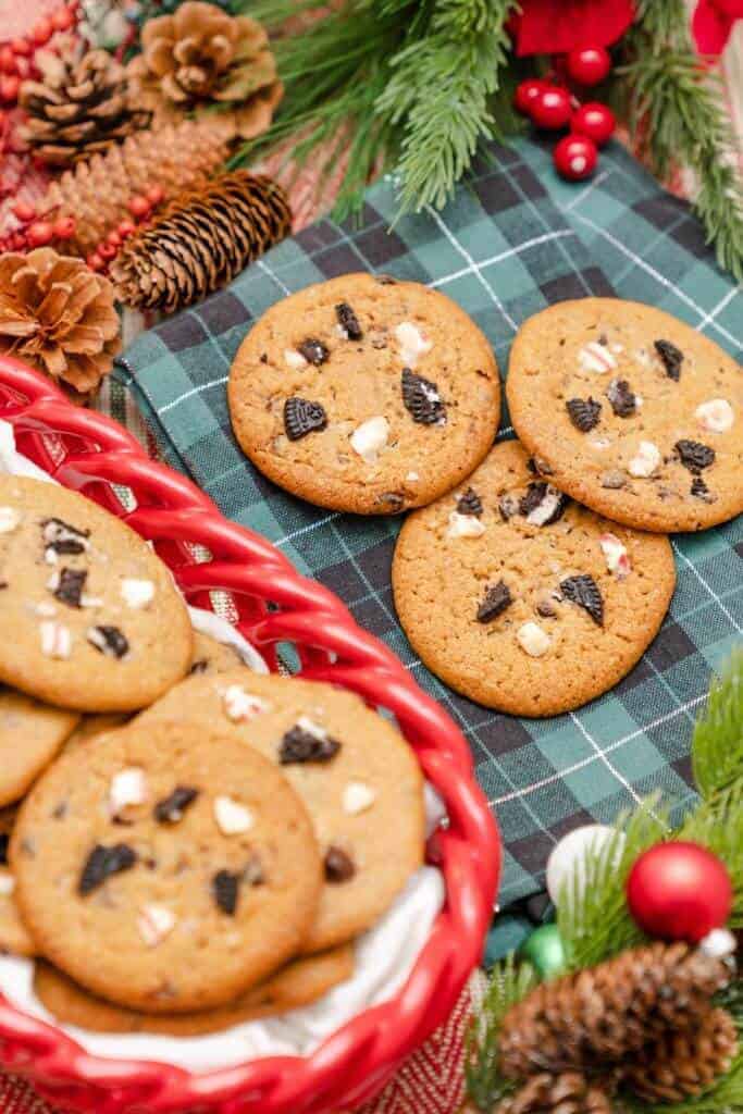 Vegan peppermint chocolate chip cookies on a table.