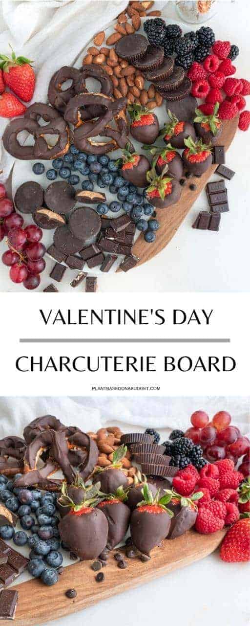 Board with chocolate pretzels, peanut butter buts and a variety of berries Pinterest Graphic