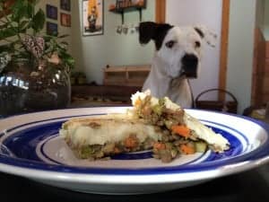 Dinner plate with a serving of vegan shepherd's pie.